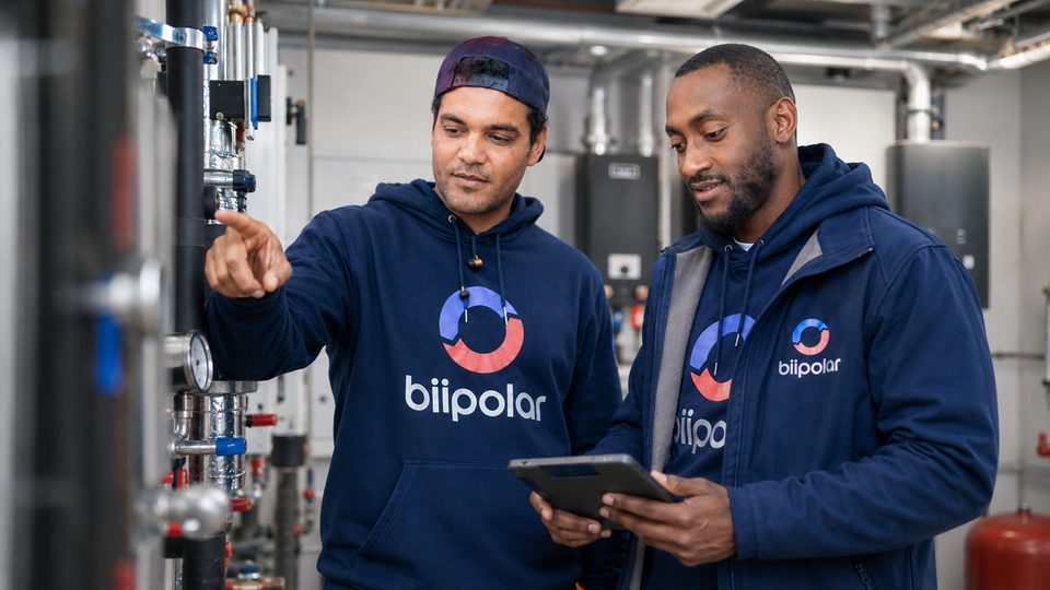 biipolar Servicetechniker prüfen gemeinsam eine Anlage im Technikraum